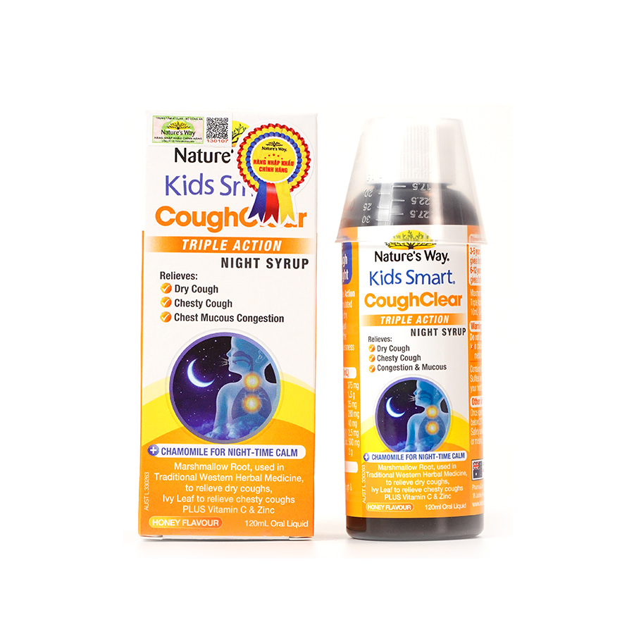 Nature's Way Kids Smart Cough Clear Triple Action Night Syrup Chai 120ml - Tăng cường sức khỏe hệ hô hấp, giảm ho, long đờm