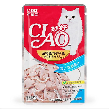 Pate mèo Ciao cá ngừ topping cá cơm gói 60gr