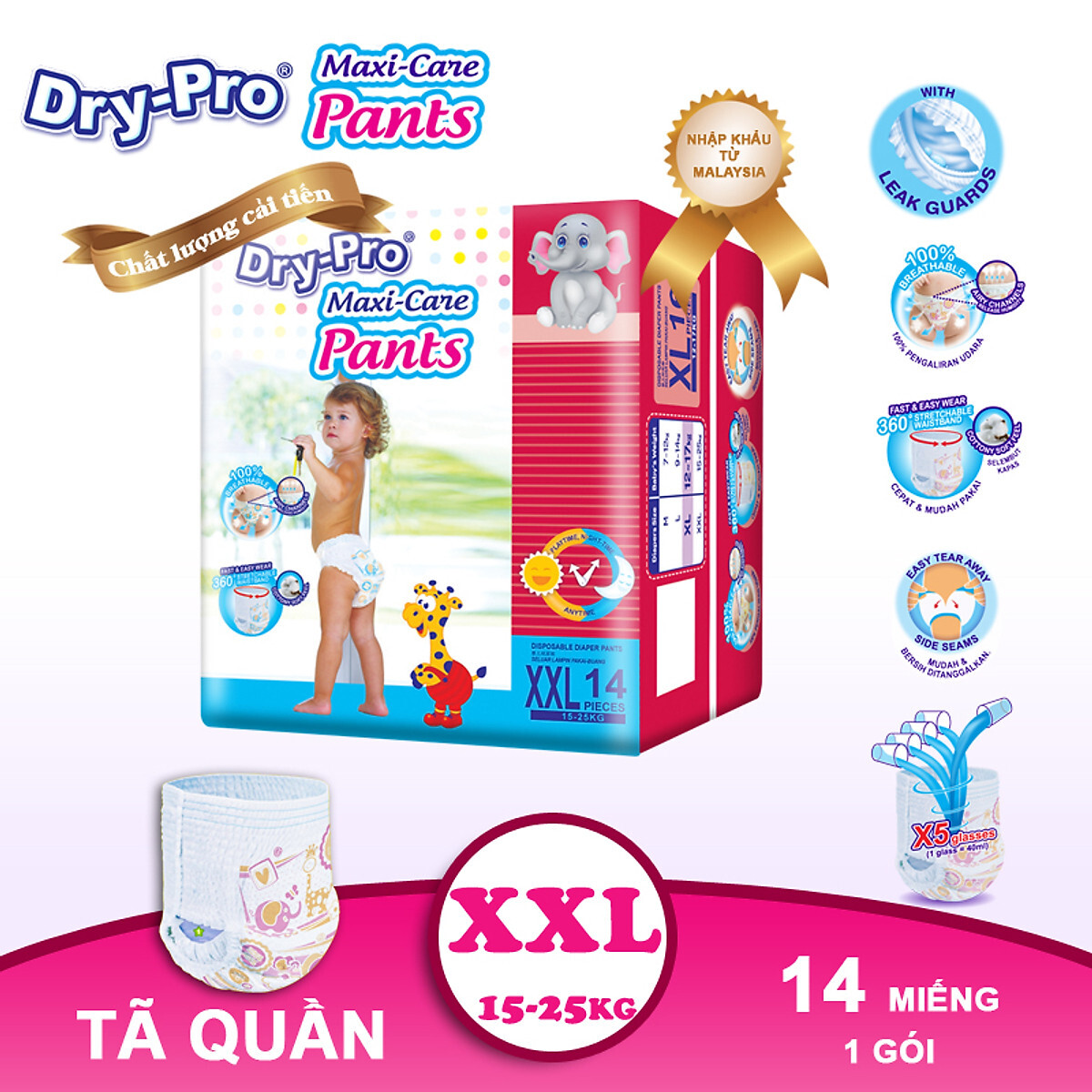 Tã/bỉm quần Dry-Pro siêu thấm hút Malaysia size XXL (15kg - 25kg) - Gói 14 miếng