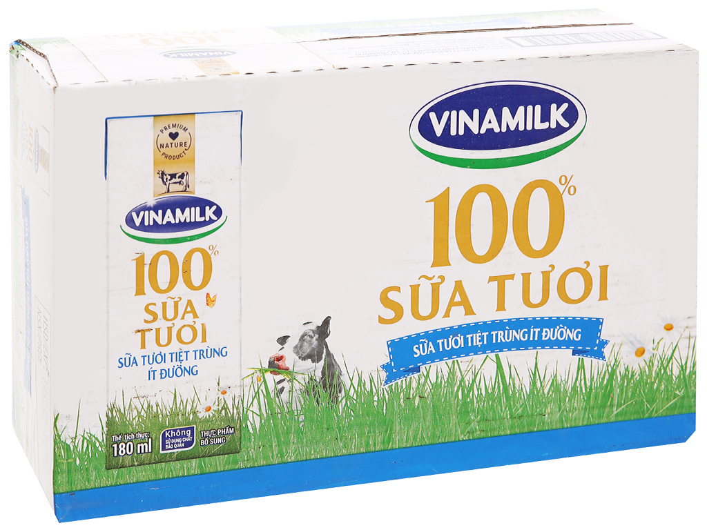 Thùng 48 hộp sữa tươi ít đường Vinamilk 100% Sữa Tươi 180ml