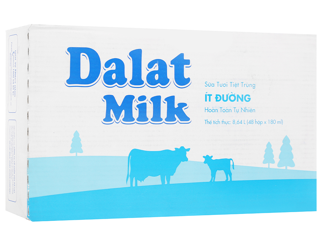 Thùng 48 hộp sữa tươi tiệt trùng ít đường Dalat Milk 180ml