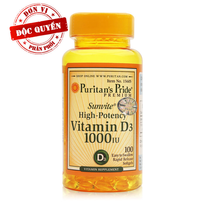 Viên uống bổ sung Vitamin D Puritan's  Pride Sunvite High-Potency Vitamin D3 1000IU 100 viên