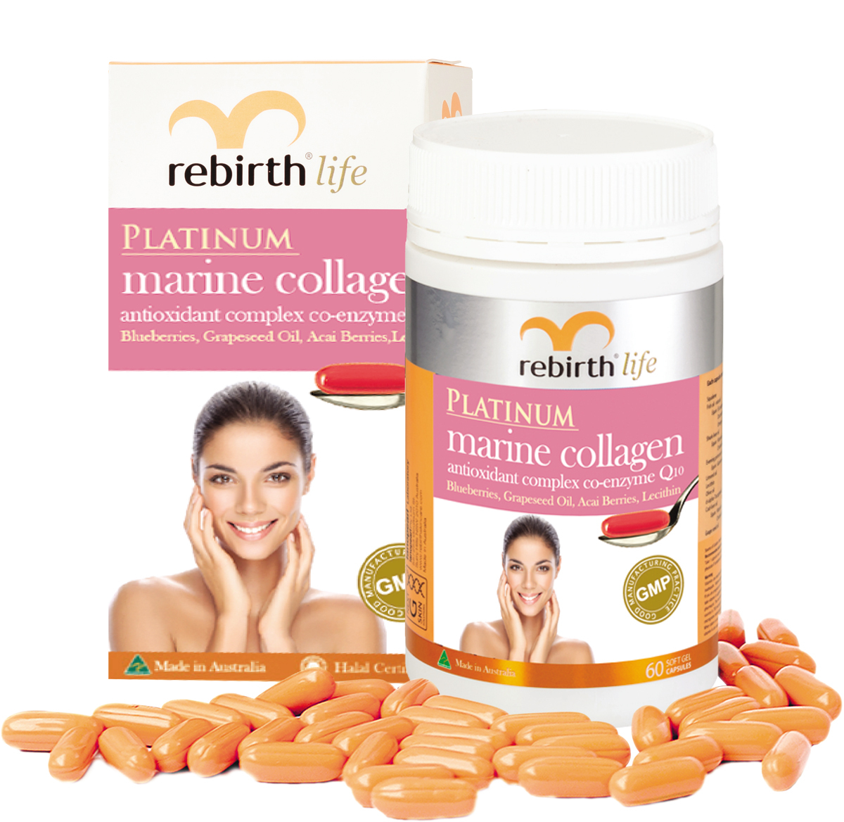 Viên uống chống lão hóa Rebirth Life Platinum Marine Collagen, 60 viên