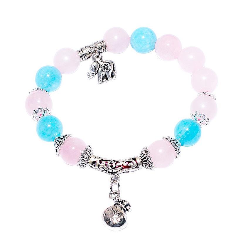 Vòng tay đá thạch anh hồng Mix Aquamarine Charm Voi -Túi Tiền Xi bạc VD17027