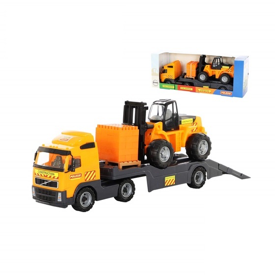 Xe tải rơ móoc Volvo chở xe nâng kèm bộ xếp hình 30 chi tiết đồ chơi Polesie Toys