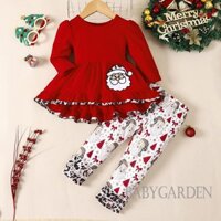 / / -1-6 Tuổi Bộ quần áo Giáng sinh cho bé gái mùa thu dài tay cổ tròn Áo chữ A + Quần in hình ông già Noel hoạt hình