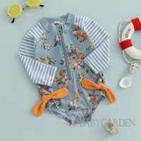 / / -3M-3Y Bé Gái Rash Guard Đồ Bơi In Hoa Sọc Tay Dài Choàng Cổ Dây Kéo Bộ Đồ Tắm