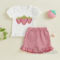 / / -3M-3Y Bé Gái Tập Đi Trang Phục Dâu Tây Thêu Trái Cây Tay Ngắn Ruffle Áo Kẻ Sọc Ruffle Quần Short Bộ 2 Món Mùa Hè