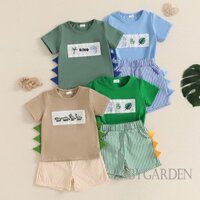 / / -6M-4y Trang phục mùa hè cho bé trai Váy ngắn tay cổ tròn thêu khủng long với quần Short sọc eo co giãn