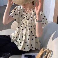 𝗺𝗶𝗲 𝘀𝘁𝘂𝗱𝗶𝗼 - Áo kiểu babydoll chấm bi đen bèo nhún ngực #975