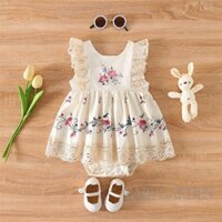 / / -Baby Bé Gái Romper Đầm Bay Tay Cổ Tròn Hoa Lave Chắp Vá Body Quần Áo Mùa Hè