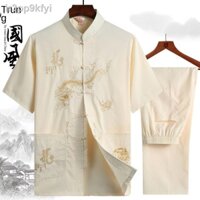 ۞ ◕ ♚ [GIÁ SỐC]❐☽Bộ đồ mùa hè của nam giới trung niên và cao tuổi Bộ đồ nam ngắn tay thêu phong cách Trung Quốc bố rộng