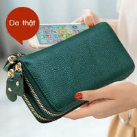 [ 𝐇𝐎𝐓 𝐃𝐄𝐀𝐋] Túi da thật màu xanh lá cây túi xách ví cầm tay của phụ nữ dài dây kéo đôi túi đ
