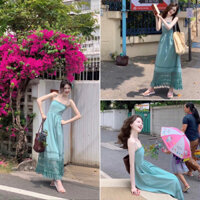𝑯𝑨̀𝑵𝑮 𝑪𝑶́ 𝑺𝑨̆̃𝑵  Váy Maxi 2 Dây Xanh Mint Chân Ren - QCL1