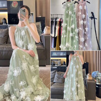 𝑯𝑨̀𝑵𝑮 𝑪𝑶́ 𝑺𝑨̆̃𝑵  Váy Maxi Voan Xanh Mint Hoa Nổi - QCL1