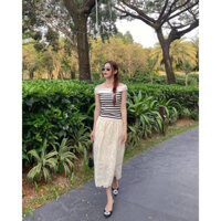 𝐃𝐢𝐥𝐲𝐬 𝐓𝐨𝐩 𝐱 𝐋𝐢𝐧𝐞𝐧 𝐒𝐤𝐢𝐫𝐭 - Áo trễ vai sọc và Chân váy linen hoa