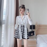𝗩𝗶𝗱𝗲𝗼 𝗔̉𝗻𝗵 𝗧𝗵𝗮̣̂𝘁 ✔  Set áo sơ mi chữ nơ cổ mix quần sooc dạ zic zac hot hit Áo sơ mi lụa đũi mềm đẹp, phối dây nơ cổ đi