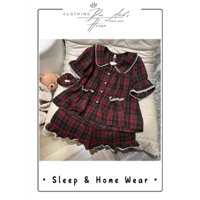 [𝐇𝐨𝐦𝐞𝐰𝐞𝐚𝐫 & 𝗦𝗹𝗲𝗲𝗽𝘄𝗲𝗮𝗿] Set tiểu thư sọc caro đỏ đậm viền ren kèm buộc tóc  QCCC