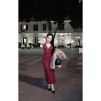 🧧𝗠𝗮̂̃𝘂 𝗵𝗼𝘁 𝘃𝗲̂̀ 𝗵𝗮̀𝗻𝗴  MẪU HOT TRÌNH LÀNG - Đầm dài sát nách cổ V kết hoa hồng cực xinh