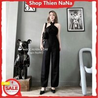 -25% Jum nguyên Set xinh đẹp đi chơi chất cotton lạnh coa mút ngực chéo cổ liền quần đai suông đen