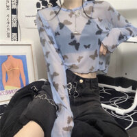 ✨-2✨Phiên Bản Hàn Quốc Phong Cách Bông Tai Kẹp Lưới Bướm Gạc Chống Nắng Áo Thun Nữ Mùa Hè Hot Girl Ngắn Nhìn Xuyên Qua Dài Tay Top Hợp Thời Trang 25.3.31-2