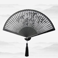 ( 350 ) Quạt cổ trang TRÚC ĐEN nan gỗ dây tuyến vải lụa xếp cầm tay cosplay phong cách trung quốc