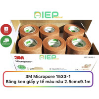 ✅ 3M MICROPORE 1533-1 (1 hộp 12 cuộn 2.5cmx9.1m) - Băng keo giấy y tế màu nâu (Chính hãng 3M - Mỹ)