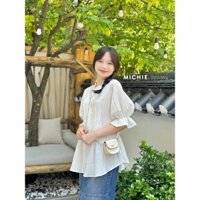 [ 4 STORE ]  Áo Sơ Mi Nữ Kiểu Cổ Trụ Xếp Ly Tay Bèo Lửng 5 Màu SM56