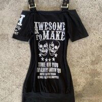[ 40k Người Đã Thu Thập] Váy Ngắn Tay Ngắn Cổ Tròn Cotton Nguyên Chất Phong Cách Retro Mỹ Váy Punk Hot Girl Ôm Sát Ôm Body Váy Dây Giảm Béo