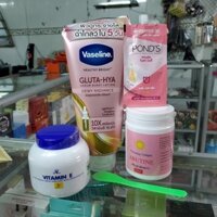 ( 5 món )Combo Kem Vaseline 10X + Abutine 3c3 Hồng + Vitamin E + ponds chính hãng,+muỗng