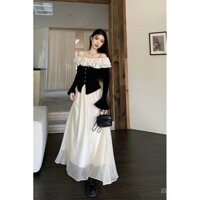 [ 65k Người Đã Thu Thập] Bộ Áo Len Dệt Kim Off-Shoulder Phong Cách Nhẹ Nhàng Dành Cho Phụ Nữ Áo Dài Tay Xù Mùa Xuân Và Chân Váy Lưới Cao Cấp