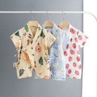 ❈ ❈ 6843 người khen ngợi quần áo mùa hè cho bé gái đồ ngủ ngắn tay mùa hè quần áo vải lanh cotton nam tu sĩ áo liền quần mỏng mùa hè 25220C