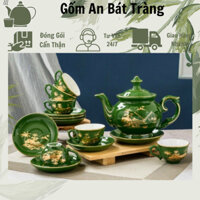 ( 7 LOẠI)Bộ Ấm Chén Pha Trà gốm sứ Bát Tràng men Rêu,vẽ Vàng:Làng Quê Việt Nam,Sen Chuồn...dáng ấm Phú Quý