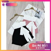 [ 8.8 Sales Freeship] Đầm nữ 2 dây phối màu đính nơ eo tiểu thư, đầm bánh bèo xòe thắt nơ cực xinh xắn