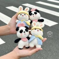 | Aiméexohlala Keychain | MÓC KHOÁ LEN THỎ NÓN VÀNG VÀ GẤU TRÚC NƠ HỒNG