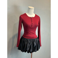 [ Amila Summer ] Set áo thun dài tay cúc cổ đỏ + chân váy bí