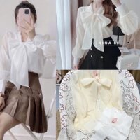 [ Ảnh thật ] Áo voan tiểu thư tay phồng dài tay thắt nơ cổ