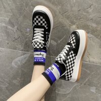 ( ảnh thật ) giày sneaker nữ kẻ caro giày da phối vải khoá dây cực đẹp
