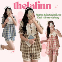 [ ẢNH THẬT ] Pijama dáng ngắn tiểu thư phối ren vai chất caro nhung xinh xắn. Bộ ngủ kẻ nhung tiểu thư phối ren
