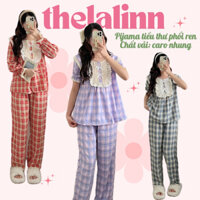 [ ẢNH THẬT ] Set pijama dáng dài tiểu thư phối ren vai chất caro nhung nhiều màu xinh xắn. Bộ ngủ nữ kẻ nhung chất mềm