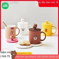 ☁ ❁ [Ảnh thật/Video]❁☢LINE FRIENDS Cốc cổ điển có nắp Nữ dễ thương Phim hoạt hình gấu nâu Bộ đôi cốc nước gốm sứ