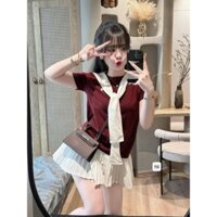 ... áo cộc tay cổ tròn thêu ngựa + khăn quàng cổ và chân váy xếp ly dáng ngắn phong cách tiểu thư sang chảnh ......