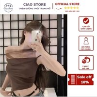 [ ao croptop ] Áo lưới nâu thiết kế hai dây & tà áo chéo 1 bên