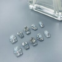 ❈ ❈ Áo giáp đeo tay nguyên chất bông tuyết pha lê pha lê khói mù màu xanh trắng móng tay giả hoàn thiện móng tay có thể tháo rời 250310