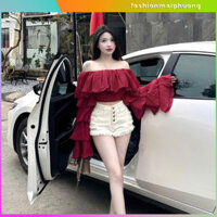 🌟 Áo kiểu nữ trễ vai tay loe 5 tầng đỏ/xanh sang chảnh - quyến rũ giúp nàng nổi bật mọi lúc mọi nơi 🌟
