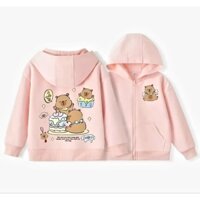 -Áo nỉ khóa in hình nhân vật 3 nhân vật CAPYPARA cùng bánh sinh nhật. size cho bé trai, bé gái từ 17kg -60kg.
