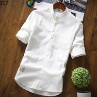 ❥ Áo sơ mi ❥ Áo Sơ Mi Tay Ba Phần Tư Lanh Trắng Nam Nửa Tay Đứng Cổ Áo Chui Đầu Linen Top Slim-Fit Mỏng Giữa Tay Áo Sơ Mi Vải Lanh Cotton