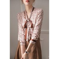 ] Áo sơ mi cao cấp Top 1039, lụa tơ tằm, áo dài tay kẻ sọc đầu xuân, nơ, áo lụa giảm tuổi cho phụ nữ, thời trang nữ
