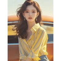 ❈ ❈ Áo sơ mi chống nắng sọc vàng nữ 2024 Áo khoác mỏng nhẹ sang trọng cao cấp dài tay thanh lịch Top 250H13