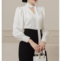 [ ÁO SƠ MI LỤA NGỌC TRAI ] Áo sơ mi cổ chéo cách điệu dài tay. Mix chân váy, quần đều xinh. Top Màu Đen Voi